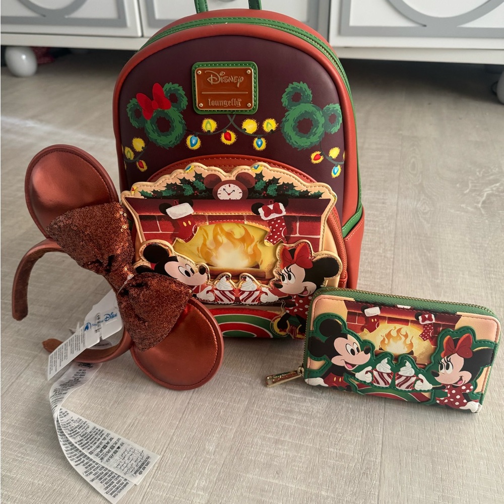 Loungefly Mickey & Minnie Mouse Hot Cocoa Fireplace mini Backpack, wallet & ears